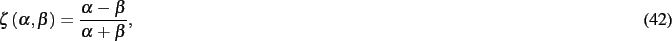 \begin{dmath}
\zeta \left( \alpha,\beta \right) ={\frac {\alpha-\beta}{\alpha+\beta}}
,\end{dmath}