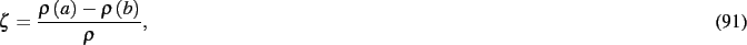 \begin{dmath}
\zeta={\frac {\rho \left( a \right) -\rho \left( b \right) }{\rho}}
,\end{dmath}