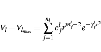 \begin{displaymath}V_l -V_{l_{max}}=\sum_{j=1}^{n_l} c_j^l r^{m_j^l-2} e^{-\gamma _j^l r^2}\end{displaymath}